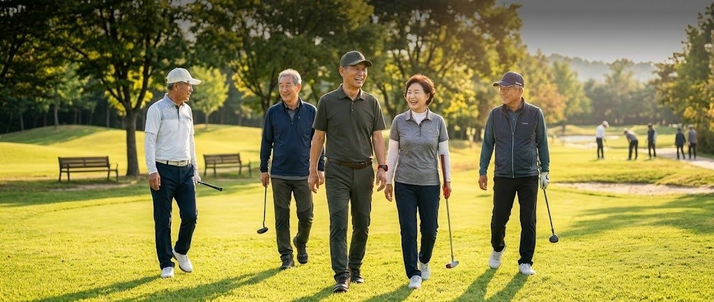 파크골프장에서 함께 걷는 어르신들